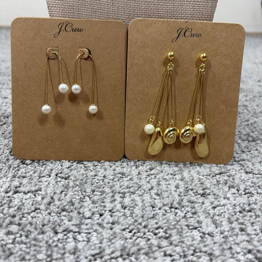 J Crew Earrings Gold Tone Pearl Dangle Sea Shell Lot of 2 Women Coastal Jewelry